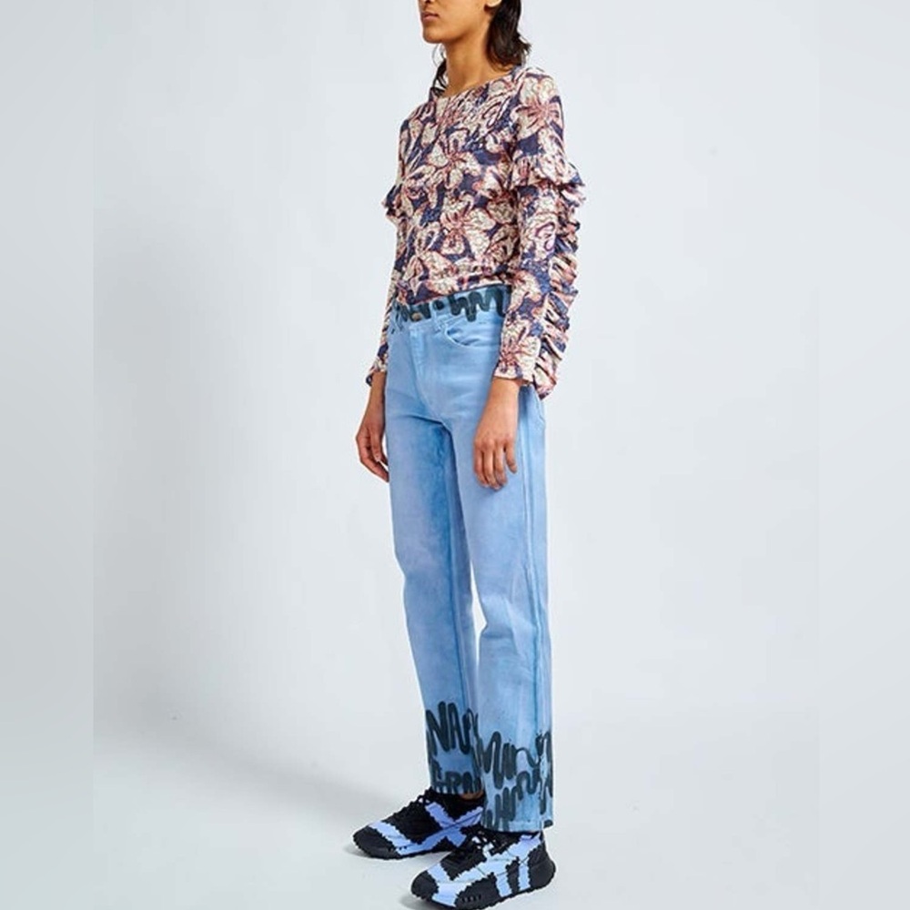 Collina Strada Hand Painted Graphic Logo Light Wash Straight Leg Jeans Blue‎